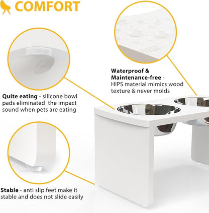 Elevated Dog Bowls, Waterproof Raised Dog Bowl for Medium & Large Dogs, HIPS Poly Lumber Stand with 2 Stainless Steel Bowls, Indoor & Outdoor Use (13'' Tall–68 oz Bowl, White)