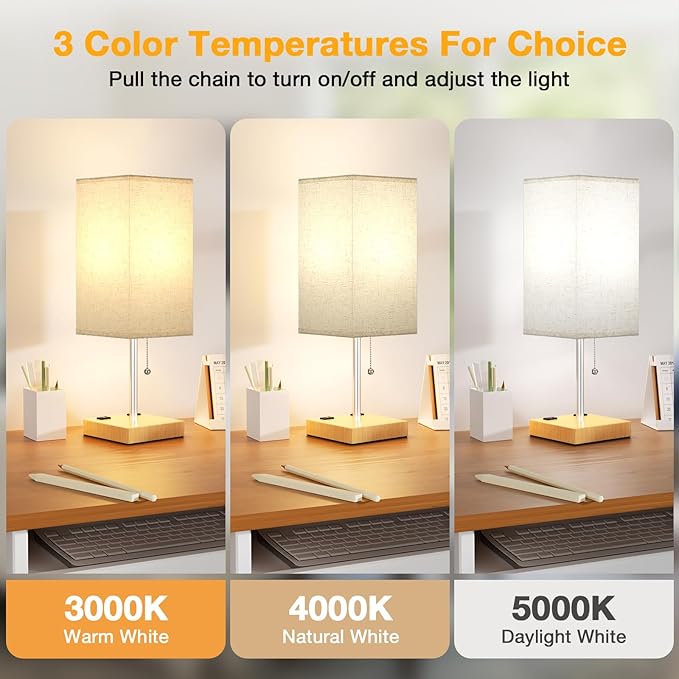 aooshine Wood Grain Small Table Lamp for Bedroom - 3 Color Temperature 3000K 5000K 4000K Bedside Lamp, Pull Chain Control, USB A and C Ports, Bulb Included