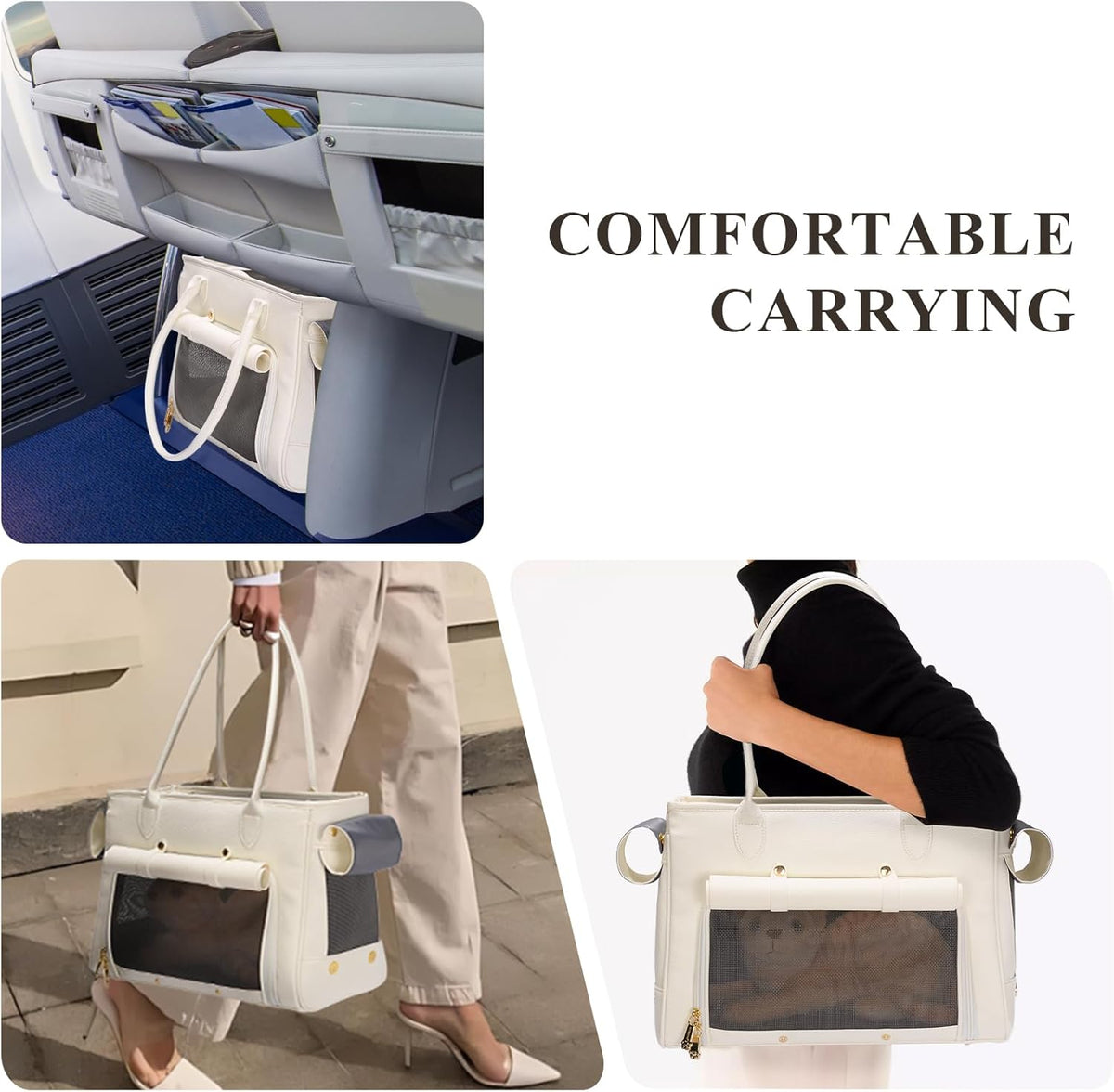 Fashion Pet Carrier Purse for Small Cat and Dog, Luxury Pu Soft-Sided Tote Bag with Large Pockets for Dogs and Puppies (White, 15.8" L x 7.5" W x 11.8" H)