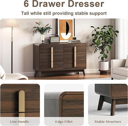 Mid Century Modern Bedroom Set, 6 Drawer Dresser and Nightstand Sets for Bedroom, Night Stand Set 2 & 6 Drawer Dresser with Gold Handles, Wood Chest of Drawers Storage Cabinet Set, Walnut