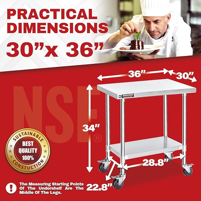 DuraSteel 30x36 NSF Stainless Steel Cart Work Table - Heavy Duty Rolling Food Prep Table Countertop Island - Metal Utility Cart on Wheels Caster, Grill Stand Storage Outdoor Kitchen Tables Bar Top