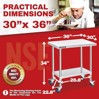 DuraSteel 30x36 NSF Stainless Steel Cart Work Table - Heavy Duty Rolling Food Prep Table Countertop Island - Metal Utility Cart on Wheels Caster, Grill Stand Storage Outdoor Kitchen Tables Bar Top
