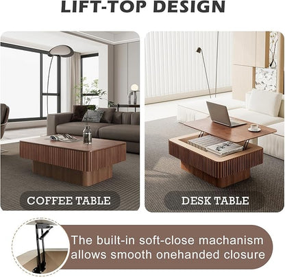 FGXJY Lift Coffee Table with Storage & Adjustable Height, Solid Wood Coffee Table Fluted Center Table Accent Tea Table or Living Room, Apartment, Office (38.6" Walnut)