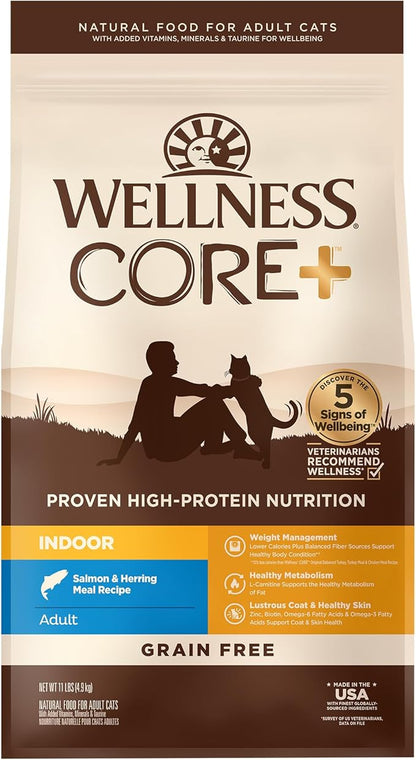 Wellness CORE+ Adult Dry Cat Food for Indoor Cats, Grain-Free, Natural, Salmon and Herring Meal (11 Pound Bag)