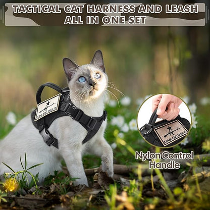Tactical Cat Harness and Leash, Escape Proof Large Cat Walking Vest,Adjustable Soft Mesh Pet Vest Harness with Control Handle, Molle Patches Black