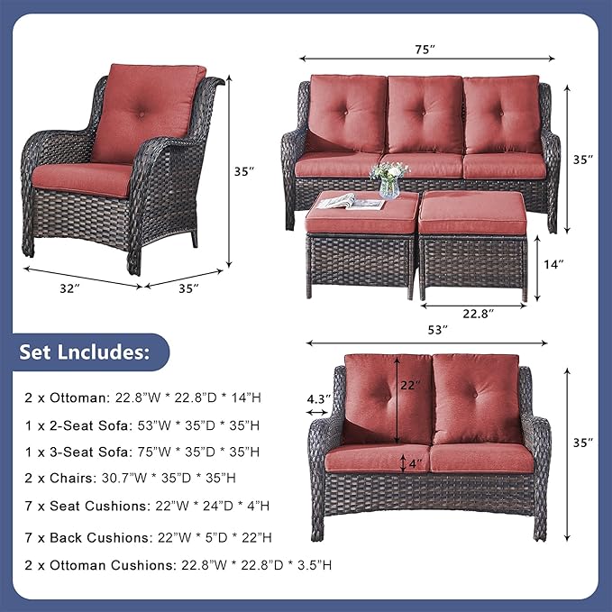Rilyson Outdoor Patio Furniture Sofa Set - 6 Piece Rattan Wicker Patio Sectional Conversation Sets with 1 Sofa,1 Loveseat,2 Armrest Chairs and 2 Ottomans for Porch Deck Garden(Brown/Red)