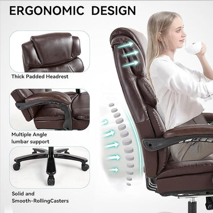 KCREAM 550lbs Heavy Duty Office Chair with Wide Seat,Big and Tall Executive Office Chair,Ergonomic Reclining Desk Chair with Footrest,PU Leather Computer Chair for Home and Office Use,Brown