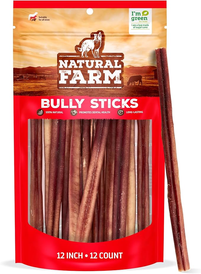 Natural Farm Odor-Free Bully Sticks (12 Inch, 12 Pack), 1.2 lbs. Per Bag, 100% Beef Pizzle Chews, Grass-Fed, Non-GMO, Fully Digestible Long Lasting Best Dental Treats to Keep Your Dogs Busy