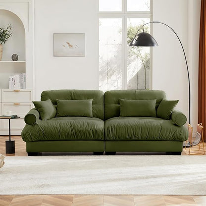 93.7” Loveseat Sofa, 2 Seater Modular Sectional Sofa, Olive Large Sectional Couches for Living Room, Fluffy Couch Set, Love Seat, Velvet Cloud Couch with 4 Pillows, Deep Seat Sofas for Living Room
