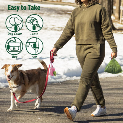 Dog Poop Bag Holder for Leash Doggie Waste Bag Dispenser Soft Fabric Puppy Potty Carrier Small Doggy Zipper Pouch with Carabiner Clip 1680D Nylon Oxford with 1 Roll of Pet Trash Bags, Pink