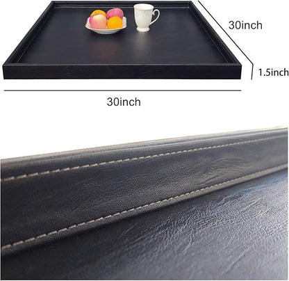 30 * 30 inches Luxury Leather Square Oversized Service Tray, Ottoman & Coffee Tray for Family Dinner, Out-of-House Picnic & Party (30 inch Black)