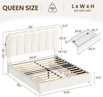 Queen Size Bed Frame with 4 Storage Drawers and LED, Adjustable Clouds Headborad,Velvet Upholstered Platform Queen Bed Frame with Charing Station,Wood Slats Support, No Box Spring Needed,White