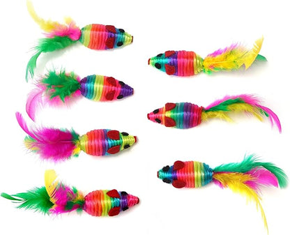 CHIWAVA 24PCS 5" Rattle Cat Toys Mice with Feathers Rainbow Rope Mouse Kitten Interactive Toy Assorted Color