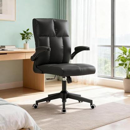Ergonomic Home Office Chair with Space Saving Flip-Up Arms, 360° Swivel & Reclining Back, High-Back Executive Chair in Soft Faux Leather Chair Multi-Angle from 90° to 135° with 450LBS Capacity（Black）