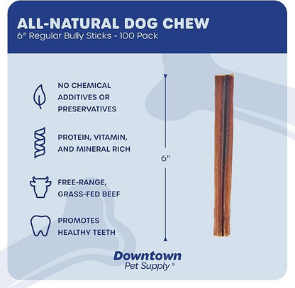 Downtown Pet Supply Bully Sticks for Dogs - Natural 6 Inch Beef Chews, Odor-Free & Rawhide-Free, Long Lasting Dog Treats for Aggressive Chewers - Healthy, Safe & Delicious Chews Dogs Love (100 Pack)