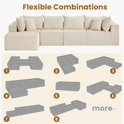 Oversize 131” Boneless Couch for Living Room, Comfort L Shaped Cloud Couch Sectional, Extra Deep Seats Corduroy Modular Sectional Sofa No Assembly,Beige