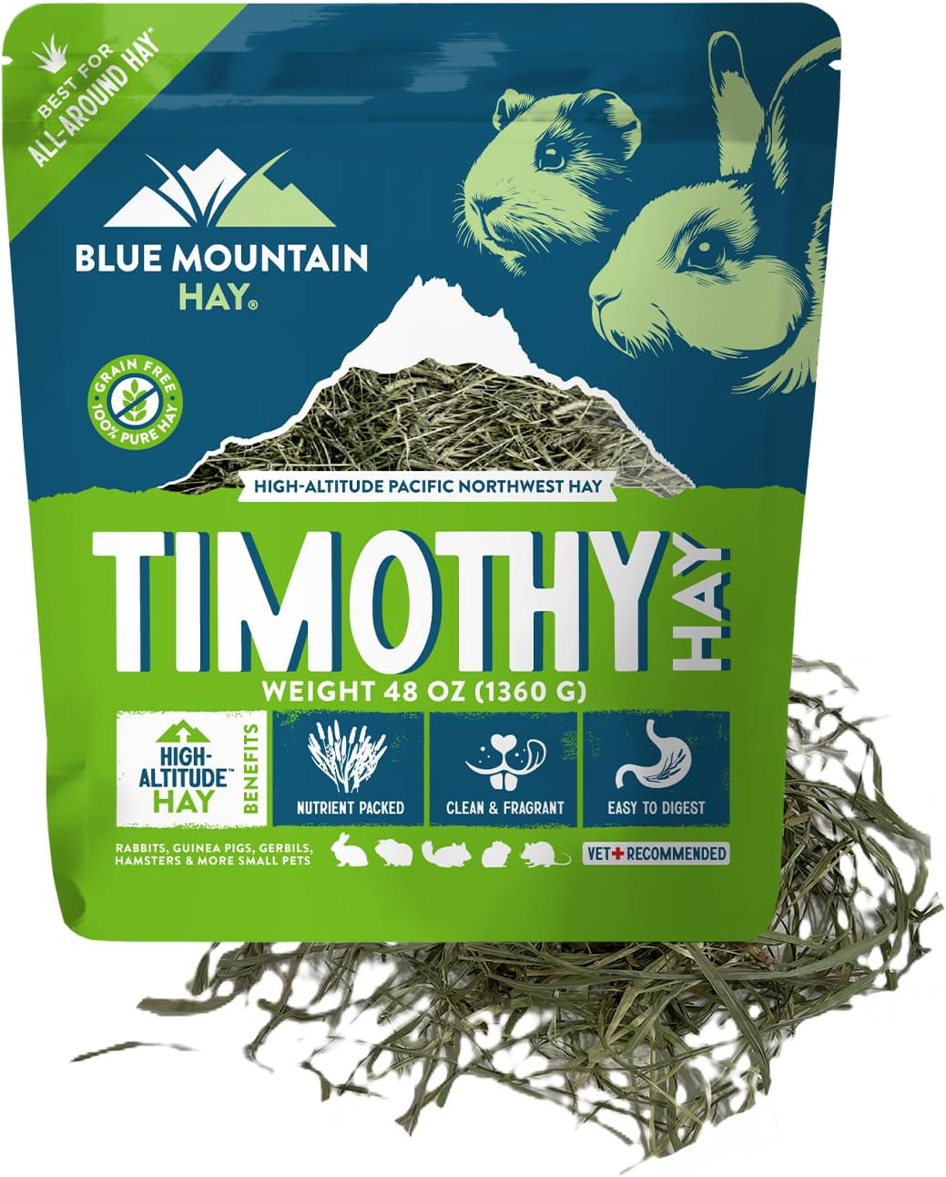 Blue Mountain Hay | Fresh Timothy Hay (48 Ounce) | Great for All Ages | High-Altitude Hay Pet Food for Rabbits, Guinea Pigs, Chinchillas, Hamsters, and Other Small Pets