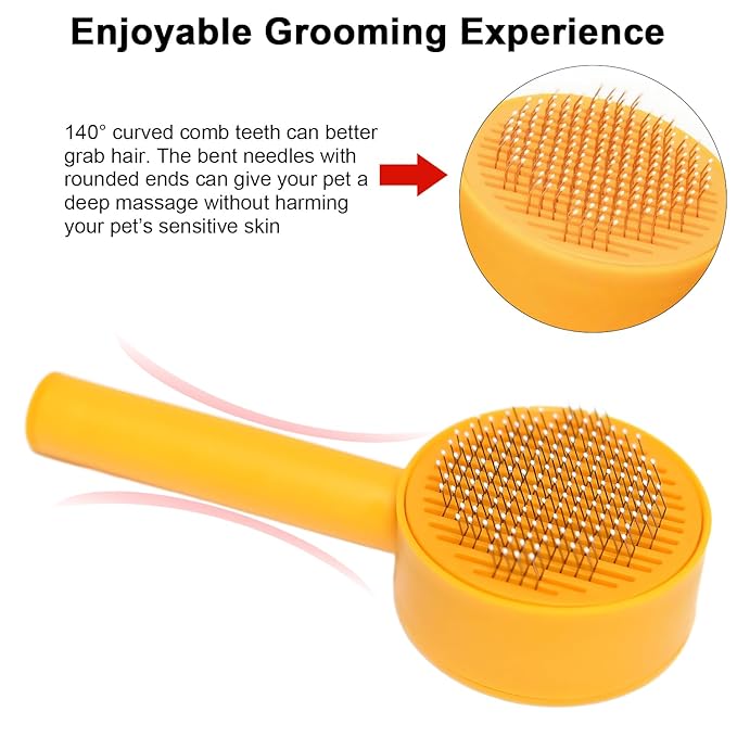 Self-Cleaning Pet Brush - Deep Massage Deshedding Comb with Resin Protective Tips, Curved Teeth, One-Button Hair Release - Washable, for Shedding & Long-Haired Dogs Cats