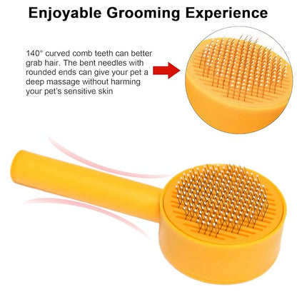Self-Cleaning Pet Brush - Deep Massage Deshedding Comb with Resin Protective Tips, Curved Teeth, One-Button Hair Release - Washable, for Shedding & Long-Haired Dogs Cats