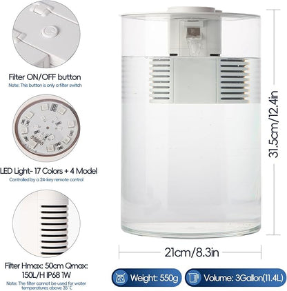 3 Gallon Self Cleaning Fish Tank, Aquarium Starter Kit for Betta, Shrimp & Small Fish, Nano Aquarium with Filter and Light (17 Color Choices),360 View for Small Fish, for Home, Office Best Gifts