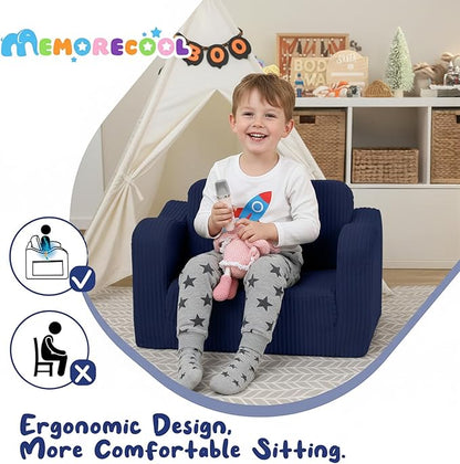 MeMoreCool Toddler Corduroy Chair – 2-in-1 Foldable Sofa Bed, Navy | Ages 1–3, Lightweight & Compact, Washable Cover for Nursery & Travel