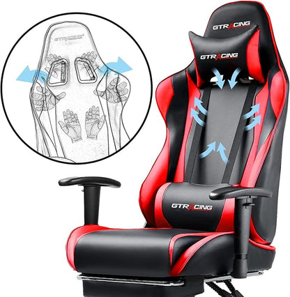 GTPLAYER Gaming Chair with Footrest, Ergonomic Computer Game Desk Chair, Reclining Game Chair Seat Height Adjustment, Swivel Rocker with Headrest and Lumbar (Red)