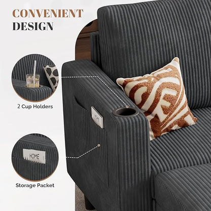 Upholstered Sectional Sofa and Couches, 78'' L Shaped 3-seat Sofa for Living Room, Apartment, Lounge,Bedroom-Washable Covers Convertible Sofas(Corduroy, Dark Gary)