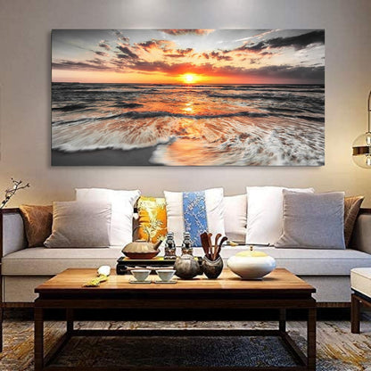 Yxbhhym-Large Pictures for Living Room Wall Decor Beach Wall Art Black and White Ocean Room Decor Sunset Canvas Prints Art Seascape Prints Poster Painting for Bedroom Wall Art Home Office Decoration