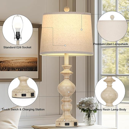 28" Farmhouse Table Lamps Set of 2, Rustic Lamp for Living Room with USB C+A Ports & AC Outlet, 3 Way Touch Control Resin Bedside Lamps, Retro Bedroom Lamp for Nightstand Side End Table Desk, Beige