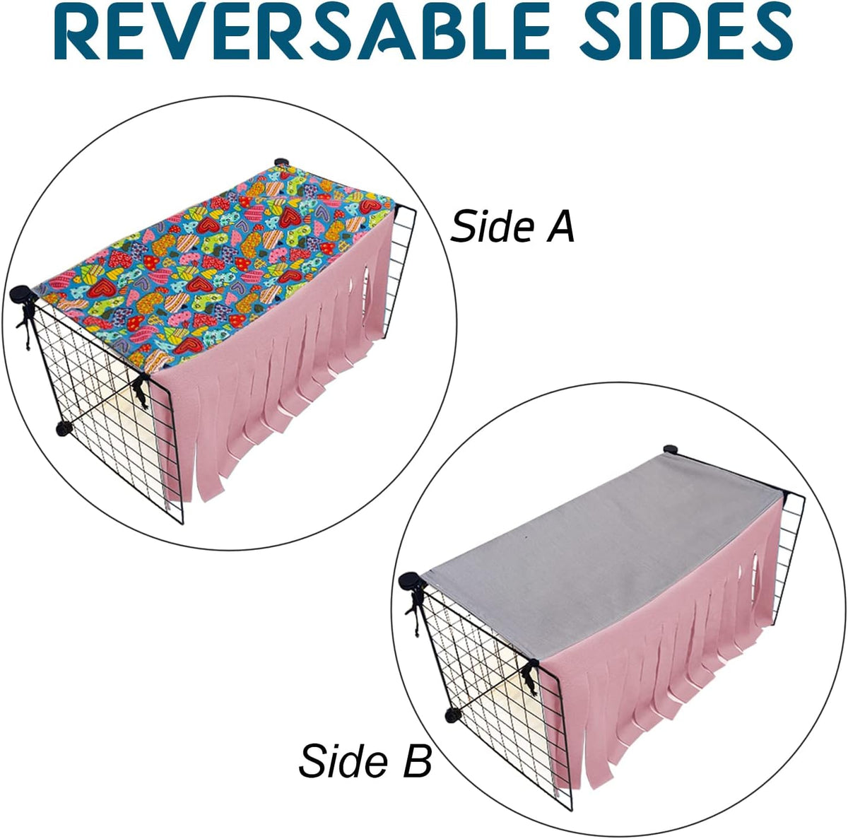 RIOUSSI Guinea Pig Hideout Hideaway Corner Fleece Toys Cage Accessories with Reversible Sides, Heart/Gray+Pink, 27"x14"x14"
