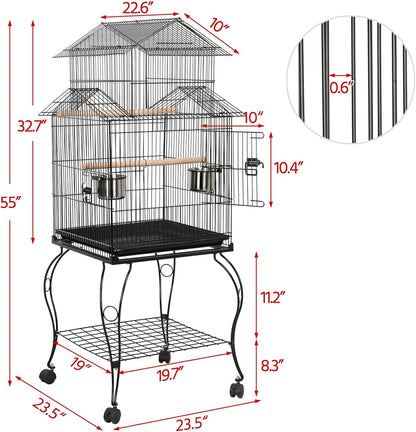 Yaheetech Budgie Cage 55-inch Rolling Standing Triple Roof Medium Parrot Cage Pet Bird Cage with Detachable Stand for Cockatiels Sun Parakeets Green-cheeked Conures Macaw