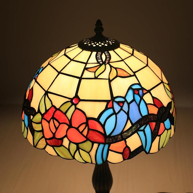 Tiffany Style Table Lamp Hummingbirds Flower Stained Glass Bedside Nightstand Table Lamp for Bedroom,Living Room,Home Office Farmhouse Desk Lamps 12X12X19Inch