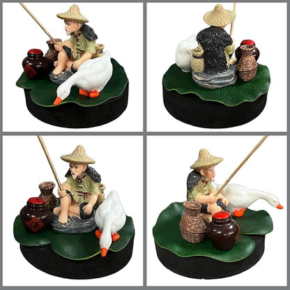 Fish Tank Decorations Floating Fish Tank Decorations,Retro Fisherman Sculpture Fish Tank Decoration with Three Small Ornaments with Mini Fishing Rod Funny Cool for Betta Bowl Zen Aquariums