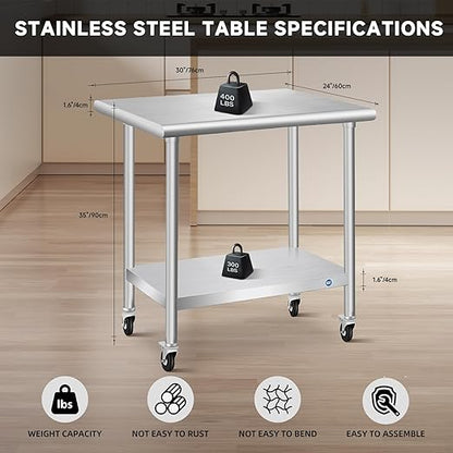 PIUMACU Stainless Steel Table with Wheels, Stainless Table for Prep & Work, 24x30x35 Inch Commercial NSF Metal Table for Restaurant Kitchen Hotel Garage