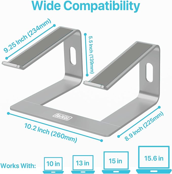 BLACK+DECKER Laptop Stand for Computer Desk, Ergonomic Laptop Stand for Desk, Lap top Riser Compatible with MacBook Notebook, Lap top Holder, Durable Aluminum Computer Riser Accessories, Silver