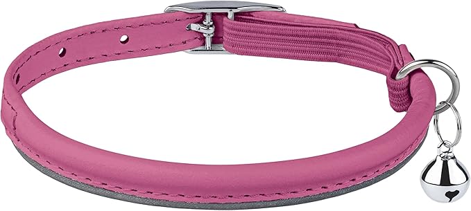 OOPSDOGGY Rolled Leather Cat Collar with Bell, Reflective Kitten Collars with Buckle Include Safety Elastic Strap - Adjustable Small Pet Collars for Boy Girl Cats (Fucsia)