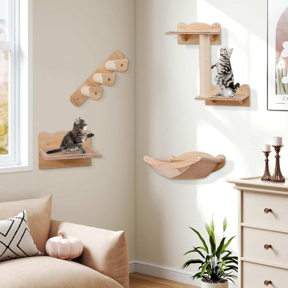Tangkula Cat Wall Shelves, Wall Mounted 4pcs Kitten Furniture Set with Hammock, 2-Step Kitty Tree, Perch, Non-Slip Carpet Mat, Sisal Stairs & Scratching Posts, Wooden Cat Climber Steps (Natural)