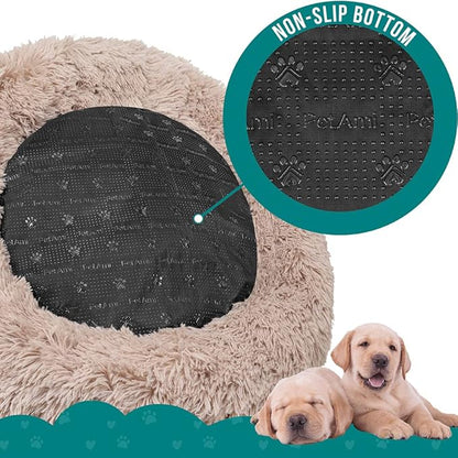 PetAmi Calming Dog Bed for Small Medium Dog Cat, Round Donut Dog Bed Washable, Fluffy Faux Fur Plush Cuddler Pet Kitten Cushion Bed, Anti-Slip, Fits up to 25 lbs, 23 inch, Taupe