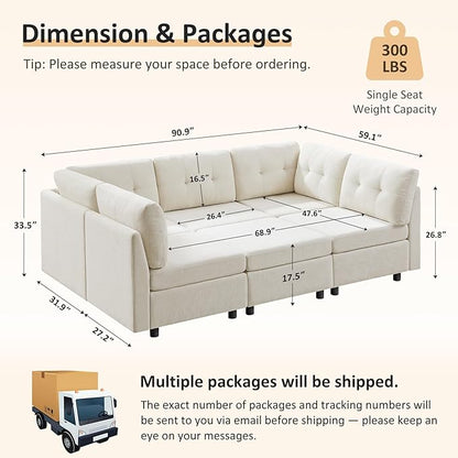 VANOMi 5 Seater Modular Sectional Sofa, Convertible Modular Cloud Sofa Bed with Ottoman, Comfy Chenille Sofas & Couches for Living Room, Apartment, Office, White, Sofa Bed