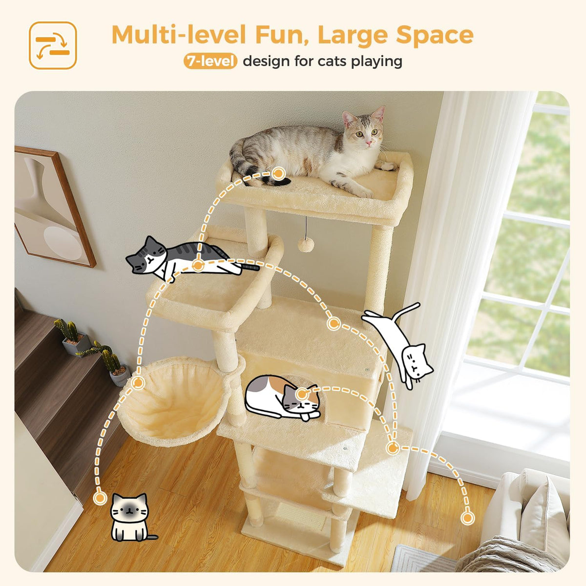 PAWZ Road Large Cat Tree, 73 Inches Tall Cat Tower with 1 Large Padded Perch,2 Spacious Hammocks,8 Long Scratching Posts, XL Plush Cat Condo for Indoor Adult Cats,Beige