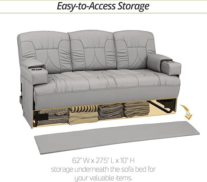 Qualitex De Leon Console SL RV Sofa Bed, 68" Wide, Ulitmate Leather, Ash