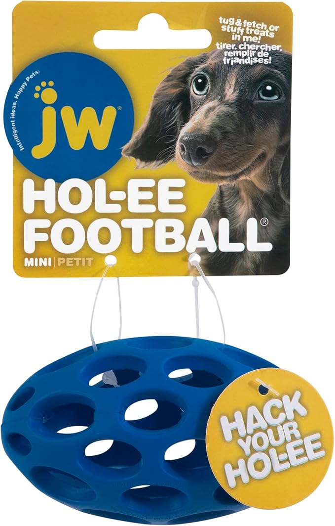 JW Pet Hol-ee Football Dog Toy Puzzle Ball, Natural Rubber, Mini (5.25 Inch Length), Colors May Vary