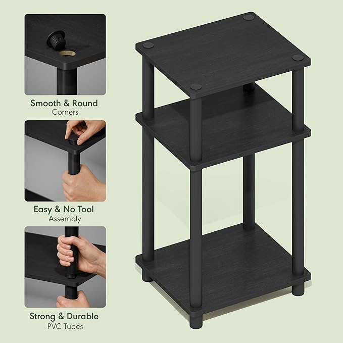 Furinno JUST Side Table, 3-Tier End Table, Open Shelves Night Stand, Bedside Table, Toolless Assembly, for Living Room, Bedroom, Bathroom, Americano