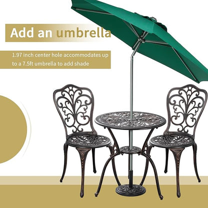 Withniture 3 Piece Outdoor Bistro Set All Weather Patio Table and Chairs Set, Cast Aluminum Patio Bistro Sets with 1.97” Umbrella Hole, Metal Patio Furniture Set for Front Porch Garden, Bronze