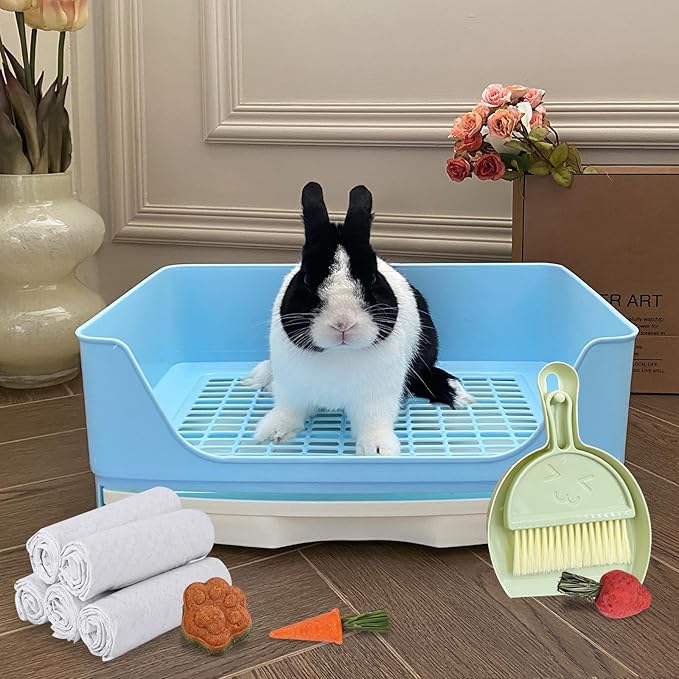 Large Rabbit Litter Box Bunny Litter Box Corner Litter Pan with Drawer Comes with Liners Rabbit Pee Pads, Small Animal Bedding Toilet for Adult Guinea Pig, Ferret, Hamster, Bunnies