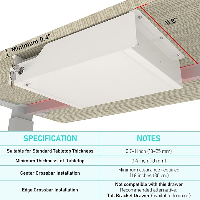 White Under Desk Drawer with Lock, Metal Hidden Storage