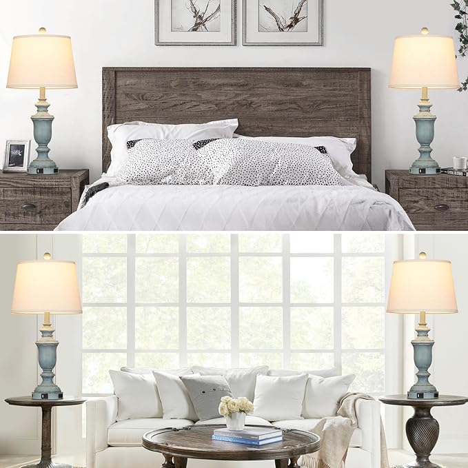 25.6" Coastal Table Lamps Set of 2 with USB C+A Ports & AC Outlet for Rustic Living Room Retro Bedroom,3-Way Dimmable Touch Lamp Bedside Lamps for Nightstand Side End Table,Retro Blue