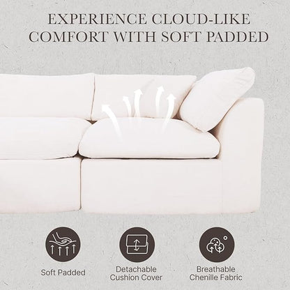 Cloud Modular Sectional Sofa Couch,110” L Sofa with Wide Armrest, Modern High-Density Sponge Compressed Sofa Couch for Living Room, Bedroom,No Assembly Needed (White, 3 Seats+1 Ottoman)