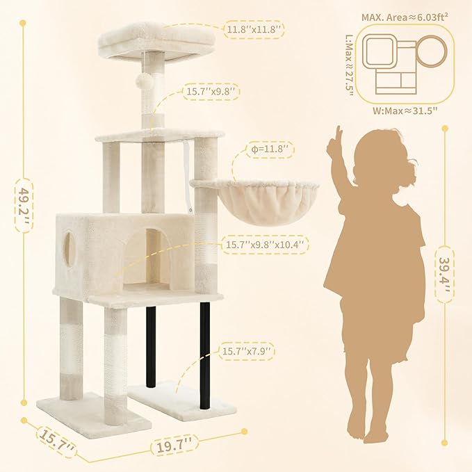 Heybly Cat Tree, 49.2 Inches Cat Tower for Indoor Cats, Spacious Cat House Condo with Hidden Space，Sturdy Steel Tube，Soft Plush Top Perch，Cozy Hammock and Sisal Scratching Posts, Beige HCT200SM