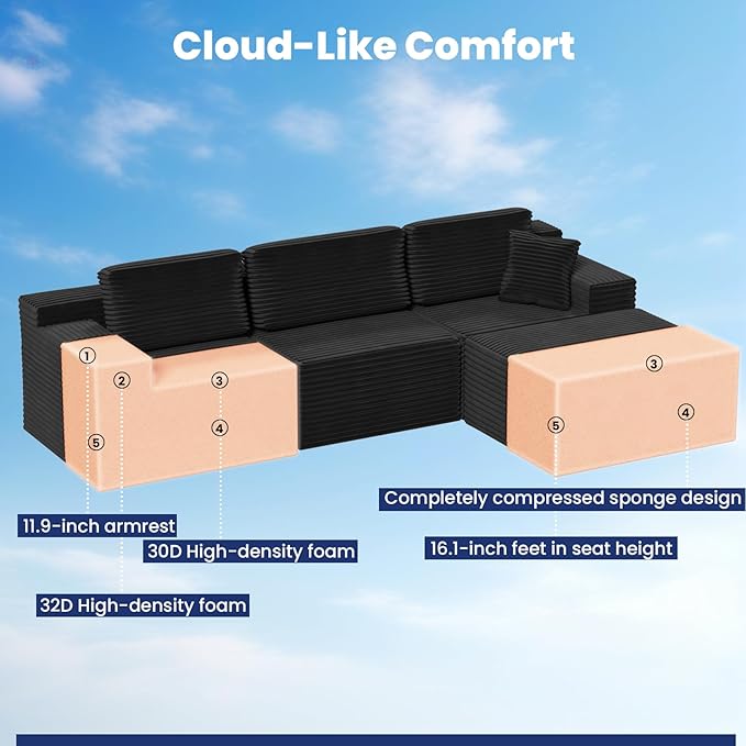 Bashaw 108" Cloud Sectional Couch Sofa with L-Shape Chaise, Modern Modular Sofa Couch Upholstered Couches for Living Room Bedroom, No Assembly Required (Black, L Shape)